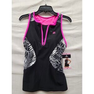 ZeroXposur Carmine Tankini Top Black Pink Tropical Leaf Zip Front Racerback S